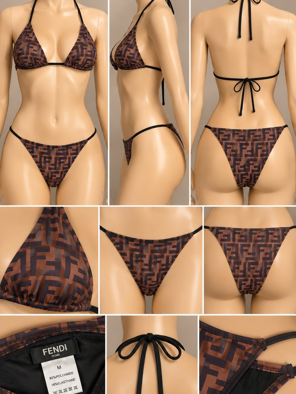 Fendi Women's Brown FF Logo Triangle Bikini Set